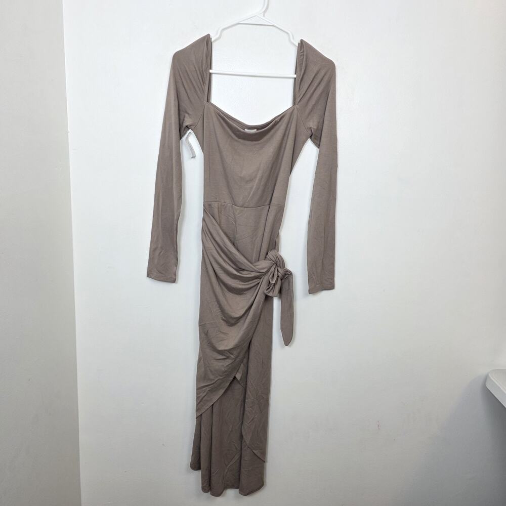 Aritzia Wilfred Taupe Tie Saturn Long Sleeve Minimalist Midi Dress Size Large‎ - Picture 2 of 9
